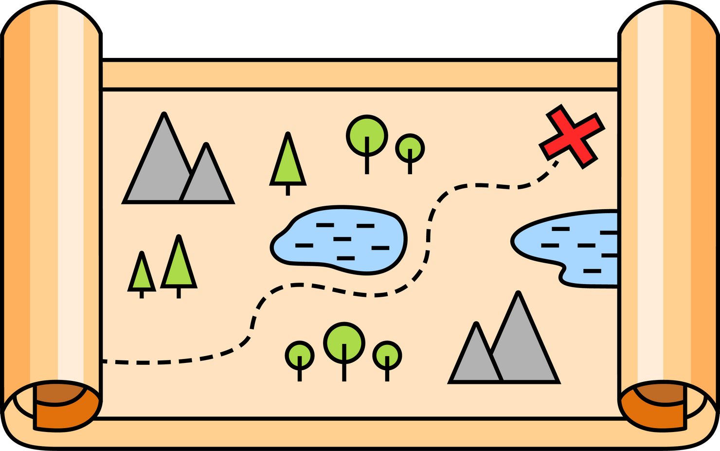 Treasure map cartoon outline illustration.